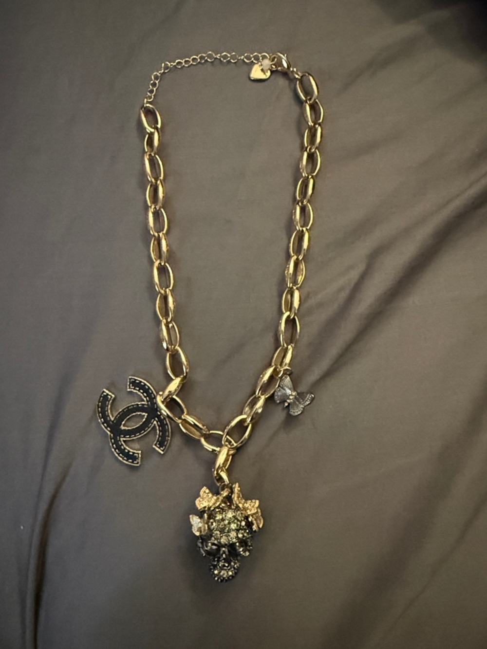 Upcycled CC Gold-Tone Statement Necklace with Black Accents, 16 to 18 inches
